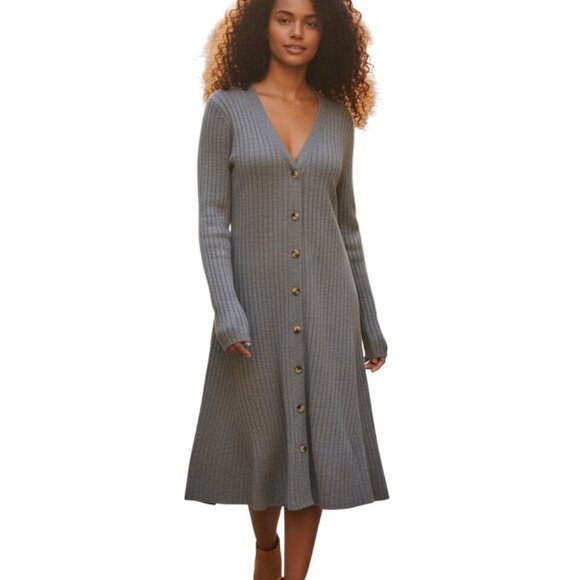 Pink Rose Grey Ribbed Knit Button Accent Sweater Midi Dress Fall Winter XL - Picture 1 of 7